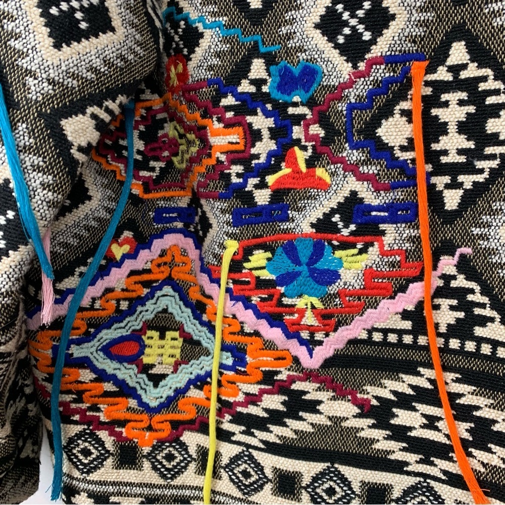 Zara Open Cardigan Jacket Tapestry Fringes Sz XS Oversized Multicolor Aztec Boho - Picture 4 of 15